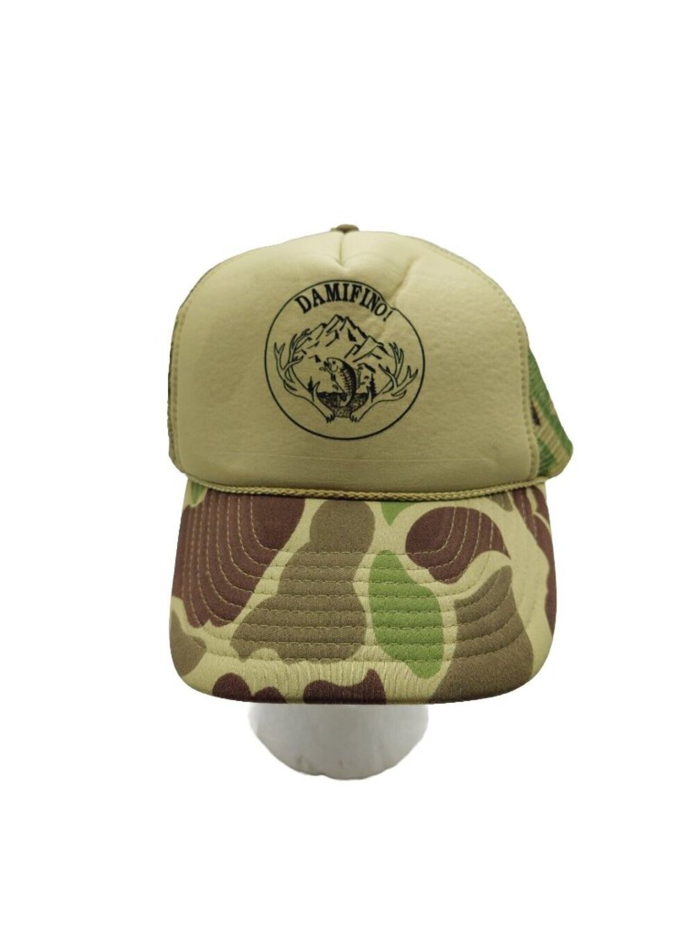 Damfino Green Camo Mesh Cap Snapback Nissan Brand Fish Mountains Antlers
